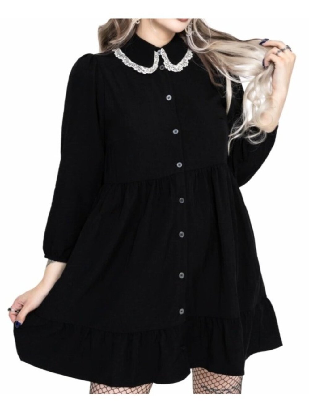 Disturbia Women's Sz 12 Salem Collar Black Mini Smock Dress With Lace Detail